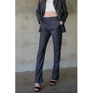 Pinstripe Womens High Waist Pockets Cuff Pants Trouser Slacks Dark Navy L